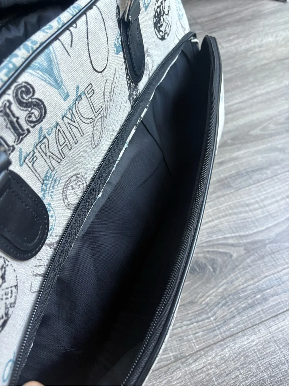 Paris Print Travel Weekender Bag in Light Gray and Black